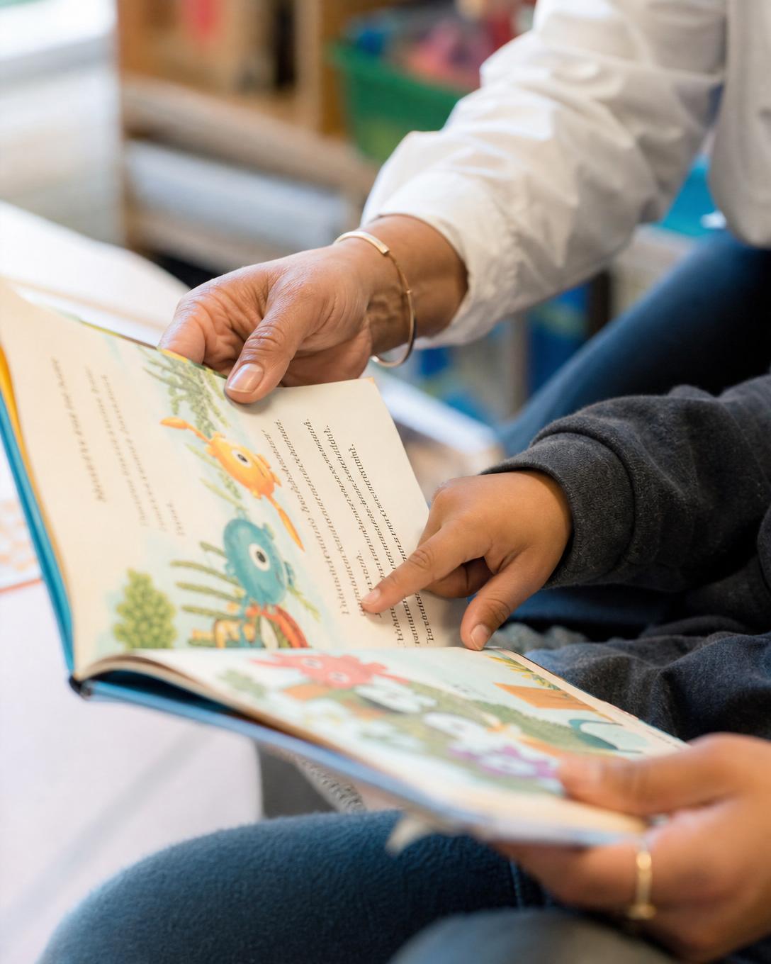 An adult and child reading a picture book together in a Memphis Grindhouse literacy moment
